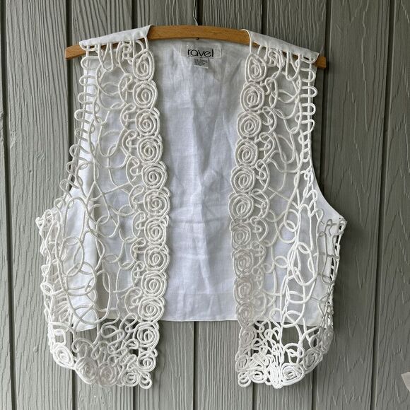 Ravel White Ramie Soutache Open Front Vest L – Boho Lace Crochet Festival Layeri - Picture 5 of 5